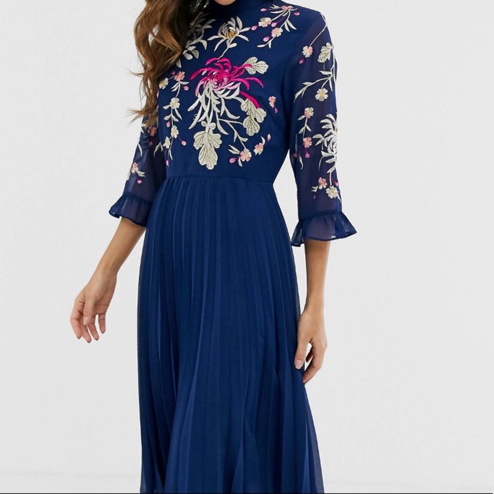ASOS Design navy embroidered pleated midi …